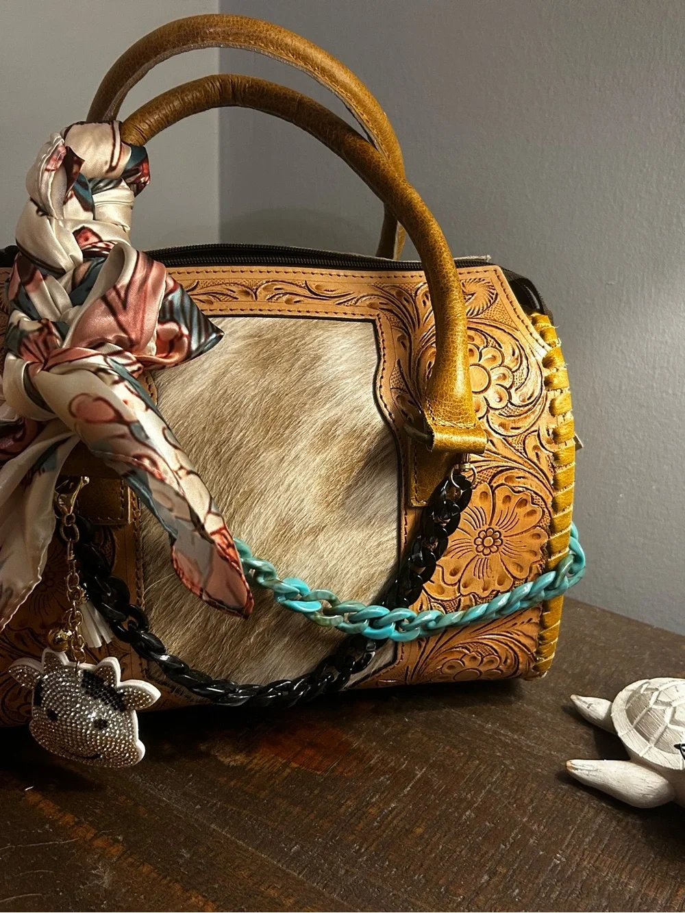 Hand-Tooled Leather Satchel Tote with Hair-On Hide - Tan & Cream